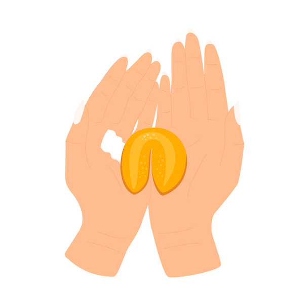 A flat vector cartoon illustration of a cookie with a prediction lying in the palms of hands. Isolated drawing on a white background. - Διάνυσμα, εικόνα