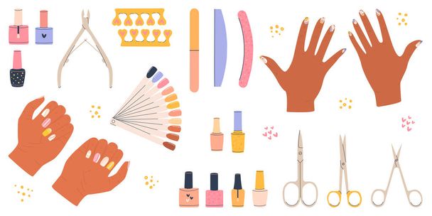  Platte vector cartoon illustratie van vrouwen handen en diverse manicure accessoires. Schaar, nagel bestanden, tondeuses, poetsmiddelen, nagellak palet, en teen scheiders. Witte achtergrond. - Vector, afbeelding