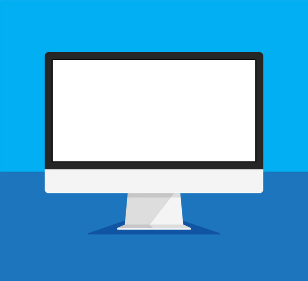 Computer monitor in a trendy flat style. Empty or blank display screen. Computer mock up isolated on blue background. Equipment for office. Vector illustration. - Vektör, Görsel