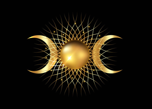 Zlato Triple měsíc mystická ikona Sacred Geometrie Wicca znamení, radiální paprsky symbol, koncept měsíčního svitu, logo Mandala zlaté trojité bohyně, zednářská symbolika, vektor izolované na černém pozadí - Vektor, obrázek