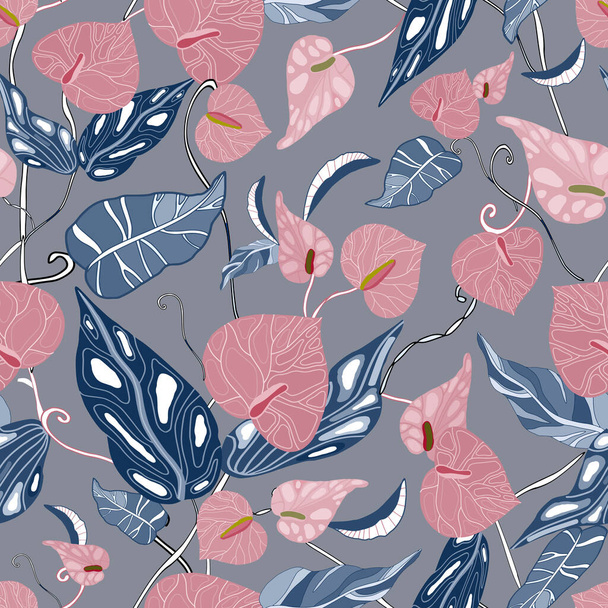 Anthurien. Nahtloses Blumenmuster mit rosa, blauen Blüten und anthurischen Blättern. Tropisches Muster auf grauem Hintergrund gezeichnet. Bestandsvektorabbildung, Druck, Textur - Vektor, Bild