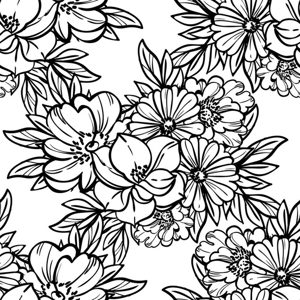 monochrome floral seamless pattern with flowers, design elements for cards - Vetor, Imagem