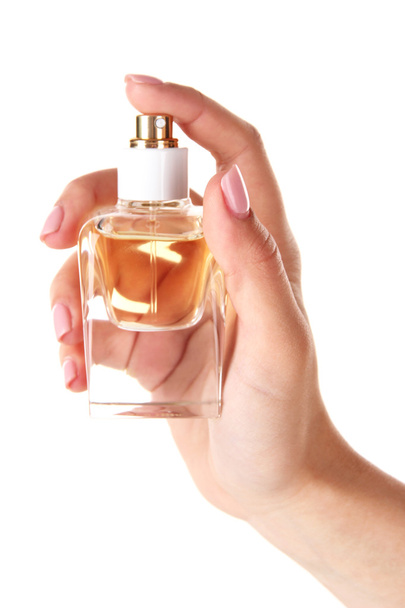 Frasco de perfume en mano aislado sobre blanco
 - Foto, imagen
