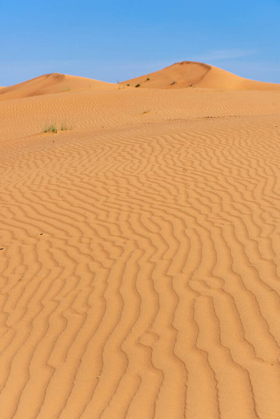 Portret wzorów piasku i niebieskie tło nieba ukazujące tekstury i kształty wiejącego piasku na pustyni. Koncepcja pustyni Sahara lub tła. - Zdjęcie, obraz