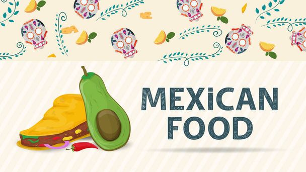 banner illustration for a flat style design, on the theme of Mexican food, the inscription name, and a large taco tortilla stuffed with red pepper and sliced mango - Vector, Image