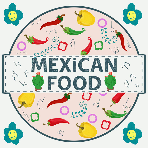 Banner etiketi düz bir tasarım ile Meksika yemeği teması, yazıt adı, kırmızı ve yeşil biberin tüm elementleri bir daire içinde - Vektör, Görsel