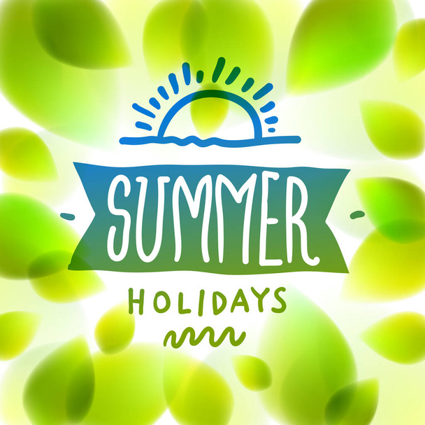 Summer word drawn on a window, fresh green leaves blurred background, vector realistic illustration, summertime nature beautiful art. - Vettoriali, immagini