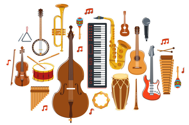 Music orchestra diverse instruments vector flat illustration isolated on white background, live sound concert or festival, musical band or orchestra playing and singing songs. - Вектор, зображення