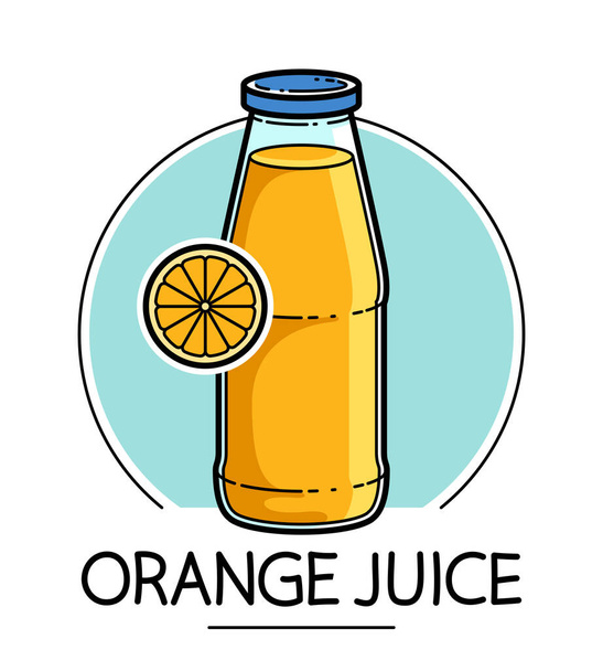 Orange juice in a glass bottle isolated on white background vector illustration, cartoon style logo or badge for pure fresh juice, diet food beverage delicious and healthy.  - Vektor, obrázek