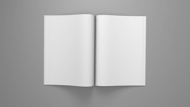 Otevřený časopis. Prázdná šablona časopisu pro kopírování. Prázdné místo v časopise. Šedé pozadí. 3D vykreslení - Fotografie, Obrázek