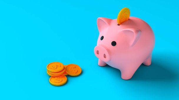Piggy bank with coins on a blue background. Saving money. Coins fall into the piggy bank. 3d render - Fotó, kép