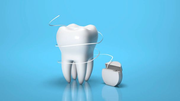 Dental floss. Flossing your teeth. Tooth and dental floss on a blue background. 3d render - Photo, Image