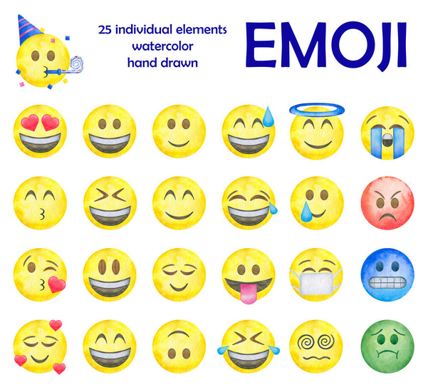 6021 Aquarel met de hand getekend Emoji Gezicht Geïsoleerde elementen op witte achtergrond - Foto, afbeelding