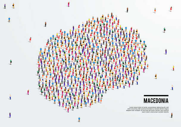 Χάρτης Μακεδονίας. Μεγάλη ομάδα ανθρώπων σχηματίζεται για να δημιουργήσει ένα σχήμα του Χάρτη της Μακεδονίας. εικονογράφηση διανύσματος. - Διάνυσμα, εικόνα