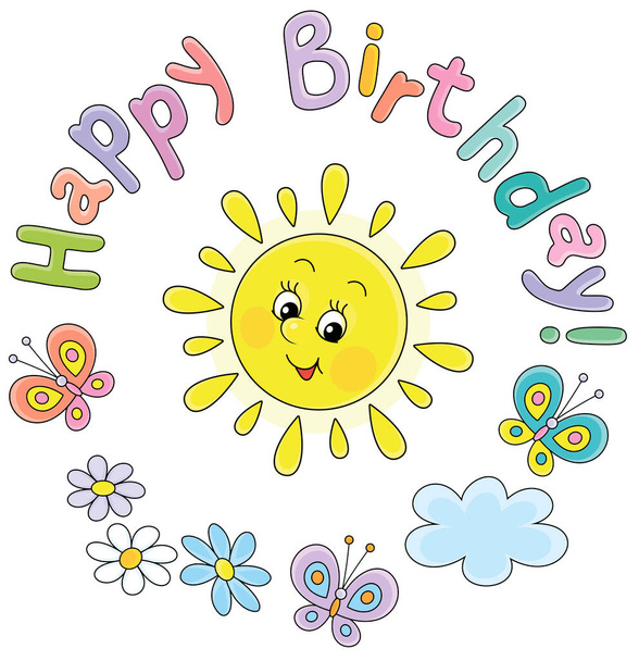 Birthday card with a cute friendly smiling yellow sun and colorful merry butterflies flittering over summer flowers, vector cartoon illustration isolated on a white background - Vecteur, image