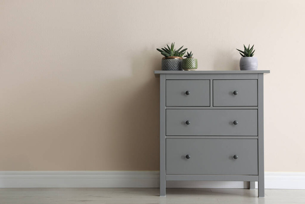 Grey chest of drawers with houseplants near beige wall. Space for text - Valokuva, kuva