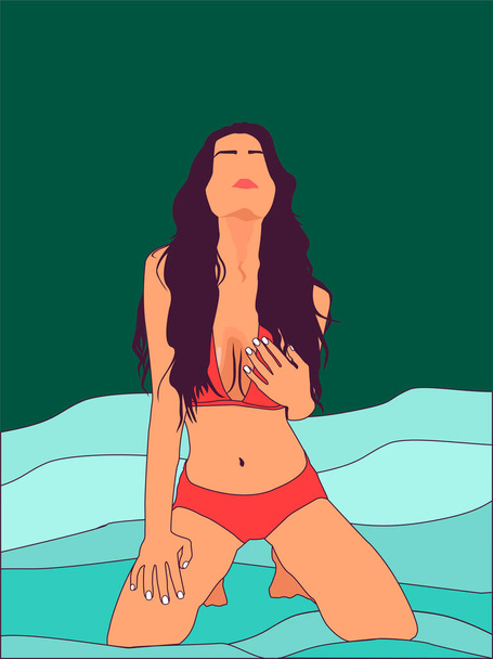 Сексуальна дівчина Брюнета в купальнику на морі. Векторні ілюстрації. Похмуре спортивне тіло. Прохолодний відбиток на тканині, одязі, сорочці, тканині, флаєрі, на партійному плакаті. Hot Summer концептуальний альбом. Спорт-фітнес. - Вектор, зображення