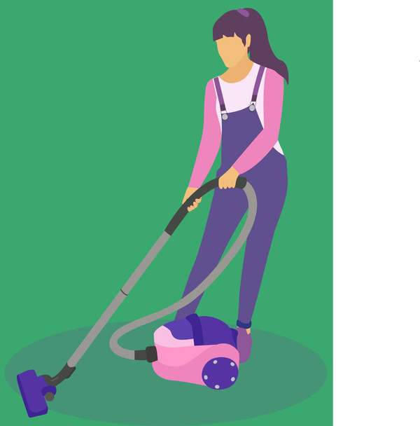 Concept design service cleaning house company. Housewife cleans up at home with a vacuum cleaner. Cartoon flat vector illustration hand drawn poster banner. Young woman girl. Work vacancy cleaner - Vector, Image
