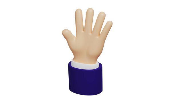 Cartoon hand with light skin tone with dark blue jacket sleeves shows five fingers, hello gesture, hand with fingers splayed isolated on white background, 3D rendering - Zdjęcie, obraz