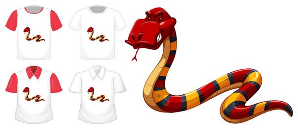 Czerwony wąż postać z kreskówki wiele rodzajów koszul na białym tle ilustracji - Wektor, obraz