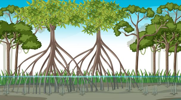 漫画風イラストで昼間のマングローブ林と自然シーン - ベクター画像
