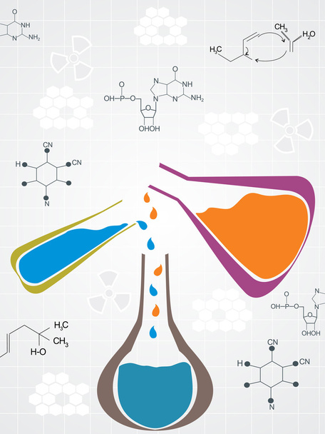 Honeycomb background with chemical formula, laboratory flask - Vetor, Imagem
