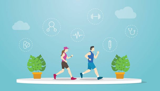 okos edzés koncepció pár férfi és női fut együtt modern lapos stílusú vektor illusztráció - Vektor, kép