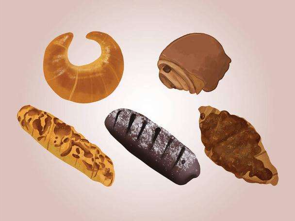 Conjunto de cinco panes y bollos de pastelería - Vector, Imagen