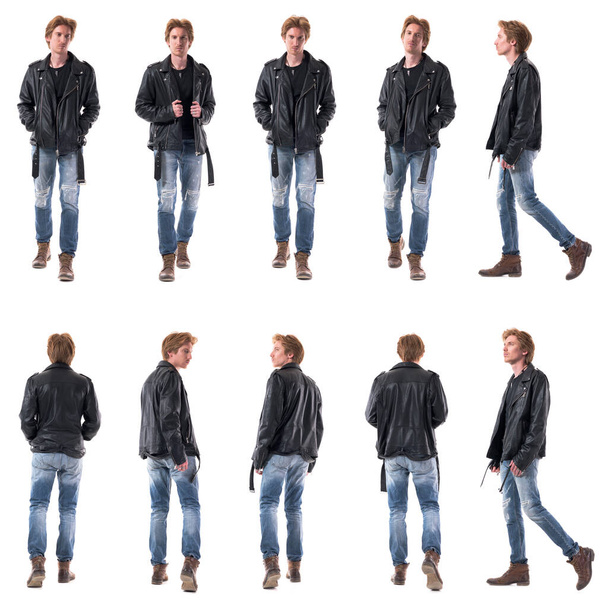 Set de estiloso motorista o rockero hombre caminando en chaqueta de cuero y jeans. Vista lateral, frontal y trasera. Personas de cuerpo entero aisladas sobre fondo blanco. - Foto, Imagen