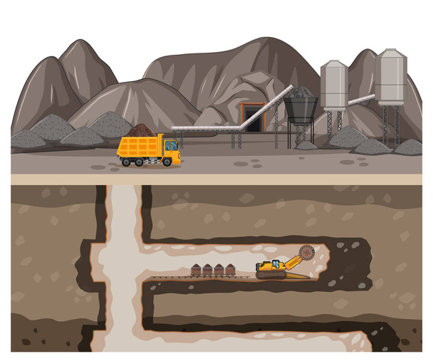 Landscape of coal mining with underground scene illustration - Vector, Image