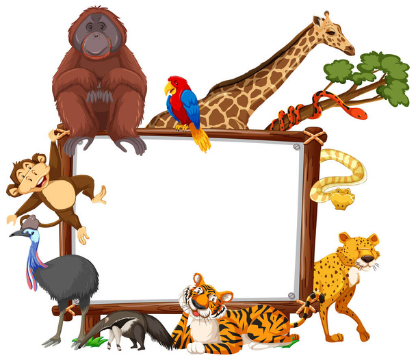 Leeres Banner mit wilden Tieren auf weißem Hintergrund - Vektor, Bild