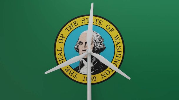 Большая ветряная турбина в центре на фоне американского флага штата Вашингтон - Фото, изображение