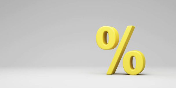 yellow percent symbol with reflection on white background. 3d illustration - Фото, изображение