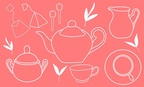 Collezione Tea Party, teiera, tazza, zuccheriera, cucchiai, bustine di tè, colazione, stile minimalista, illustrazione doodle, icone dei cartoni animati, tempo di bere il tè - Vettoriali, immagini