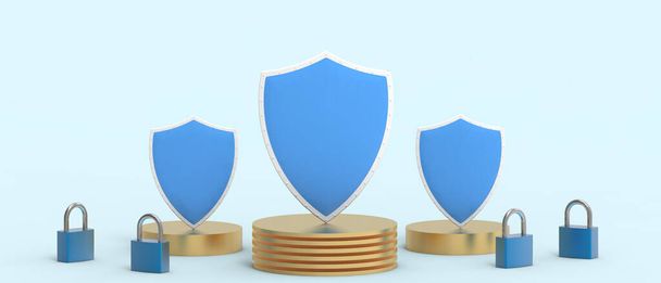 Abstracte beveiliging Netwerkgegevens. Shield Concept voor veilig en veilig op blauwe achtergrond. Veilige bank, kopieerruimte, blokketting, digitaal, banner, website -3d Rendering - Foto, afbeelding