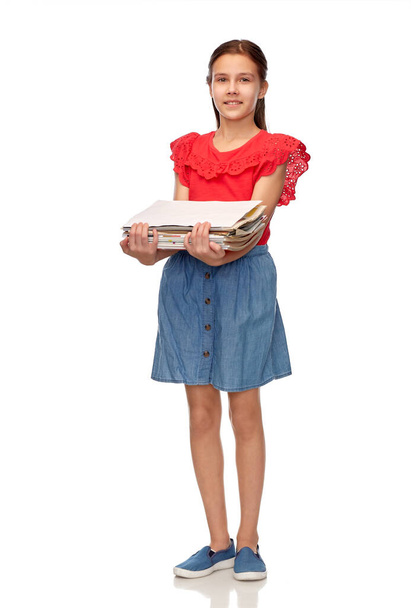 smiling girl with magazines sorting paper waste - Zdjęcie, obraz