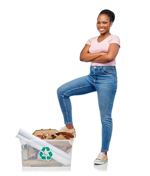 happy african american woman sorting paper waste - Valokuva, kuva