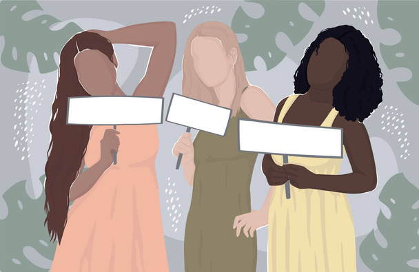 des femmes de différentes races tiennent des bannières blanches vierges pour votre texte. illustration moderne plate. pour affiche, carte postale, magazine ou crique à livres - Photo, image