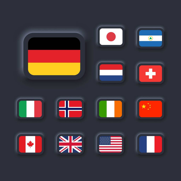 Bandera de Estados Unidos, Italia, China, Francia, Canadá, Japón, Irlanda, Reino Unido, Nicaragua, Noruega, Suiza, Países Bajos. Iconos cuadrados con banderas. Interfaz de usuario oscura UX de interfaz de usuario neumórfica. Neumorfismo - Vector, Imagen