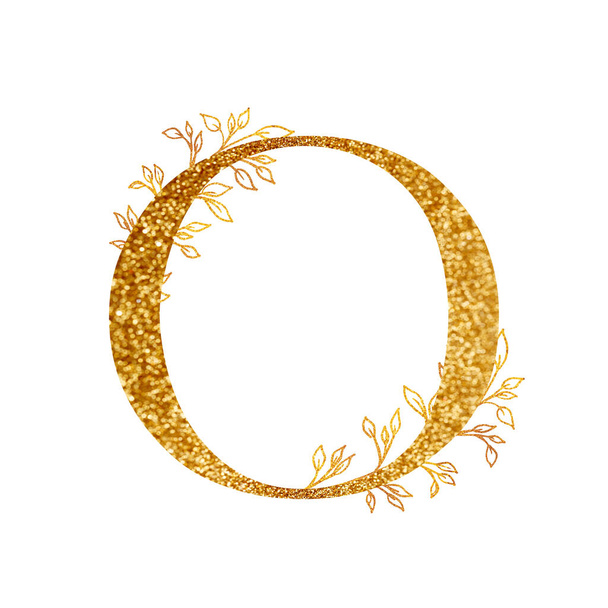 Gold Branch and alphabet - letter O with gold twigs composition.Gold alphabet letter on white background. A logo design element for a collection of T-shirts. - Фото, зображення