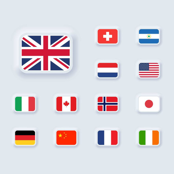 Set of flag icon. United States, Italy, China, France, Canada, Japan, Ireland, Kingdom, Nicaragua, Norway, Switzerland, Netherlands. Square icons flags. Neumorphic UI UX user interface. Neumorphism - Vector, Image