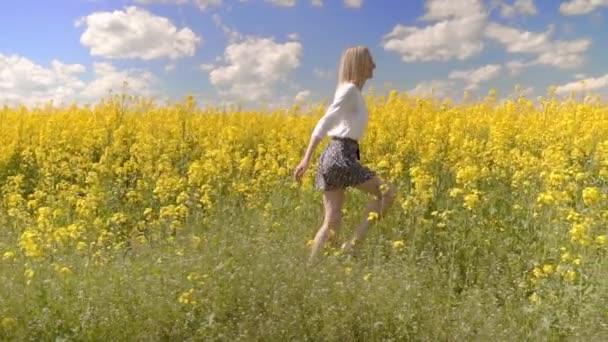 mujer felizmente camina por un campo de colza y toca flores amarillas. - Metraje, vídeo