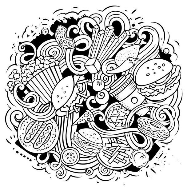 Fastfood hand getekend raster doodles illustratie. - Foto, afbeelding
