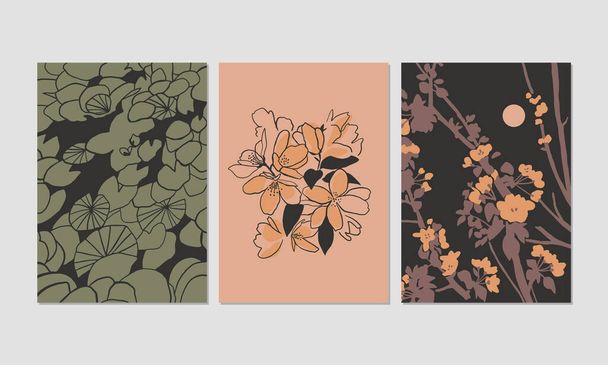 Modern aesthetic colorful posters with hand drawn nature illustrations. Great for interior decor, wall art, tote bag, t-shirt print. - Vector, Image