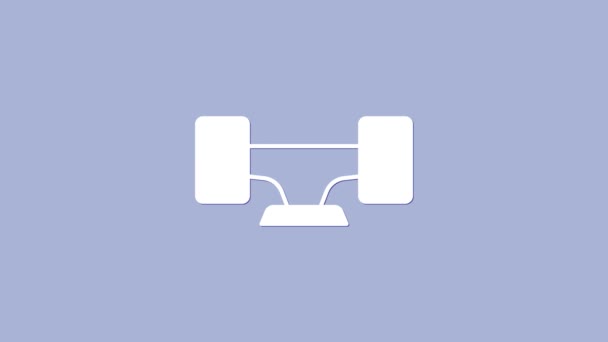 Icono de rueda de monopatín blanco aislado sobre fondo púrpura. Suspensión de monopatín. Rueda de patinaje. Animación gráfica de vídeo 4K - Imágenes, Vídeo