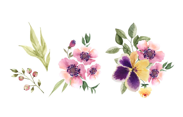 botaniczny zestaw akwarelowych kwiatów ogrodowych i bukietów na białym tle, ręcznie malowane - Zdjęcie, obraz