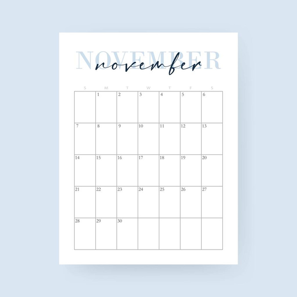 November month 2021 calendar. Layout for 2021 years. Week starts from Sunday. Wall calendar template for 2021 year. Planner diary in a minimalist style. Vector EPS 10. Isolated on background. - Vetor, Imagem