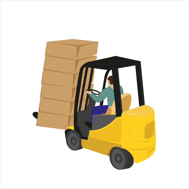 Forklift φορτηγό κίτρινο χρώμα φορτώνει το φορτίο .Cargo παράδοση, ναυτιλία. Εικονογράφηση διανύσματος αποθέματος σε λευκό απομονωμένο φόντο. - Φωτογραφία, εικόνα