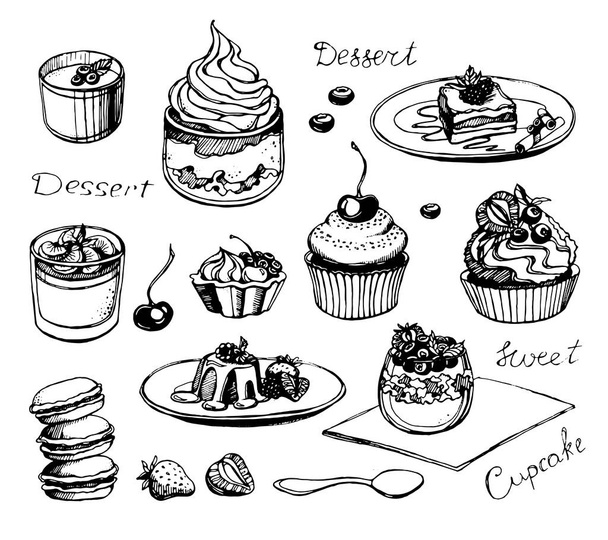  Tatlılar, kekler, kekler, böğürtlenler, kaşıklar, krema, waffle seti. Şeffaf bir arkaplanda siyah çizgiler, izole edilmiş. Vektör - Vektör, Görsel