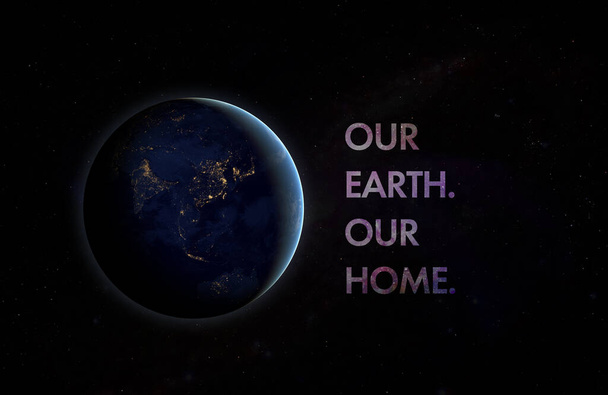 the our planet is our home text title in outer space. elements of this image furnished by nasa - Foto, Imagen
